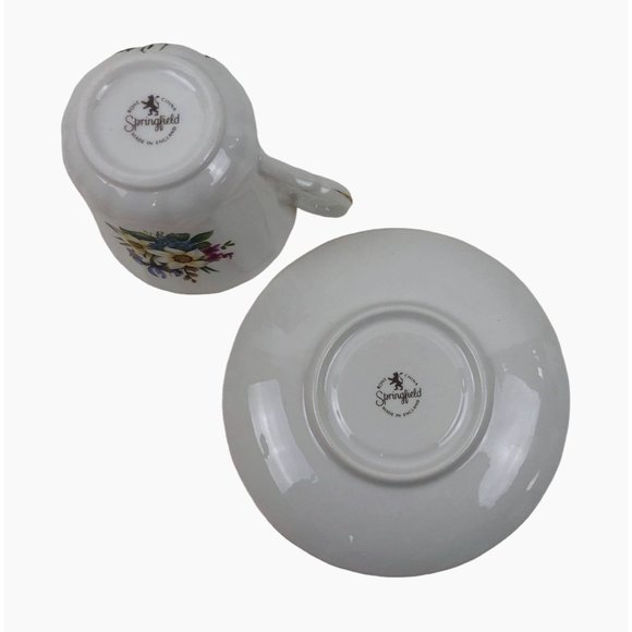 Springfield Tea Cup Saucer England Iris Daffodil Gold Trim Fine Bone China - Picture 8 of 10